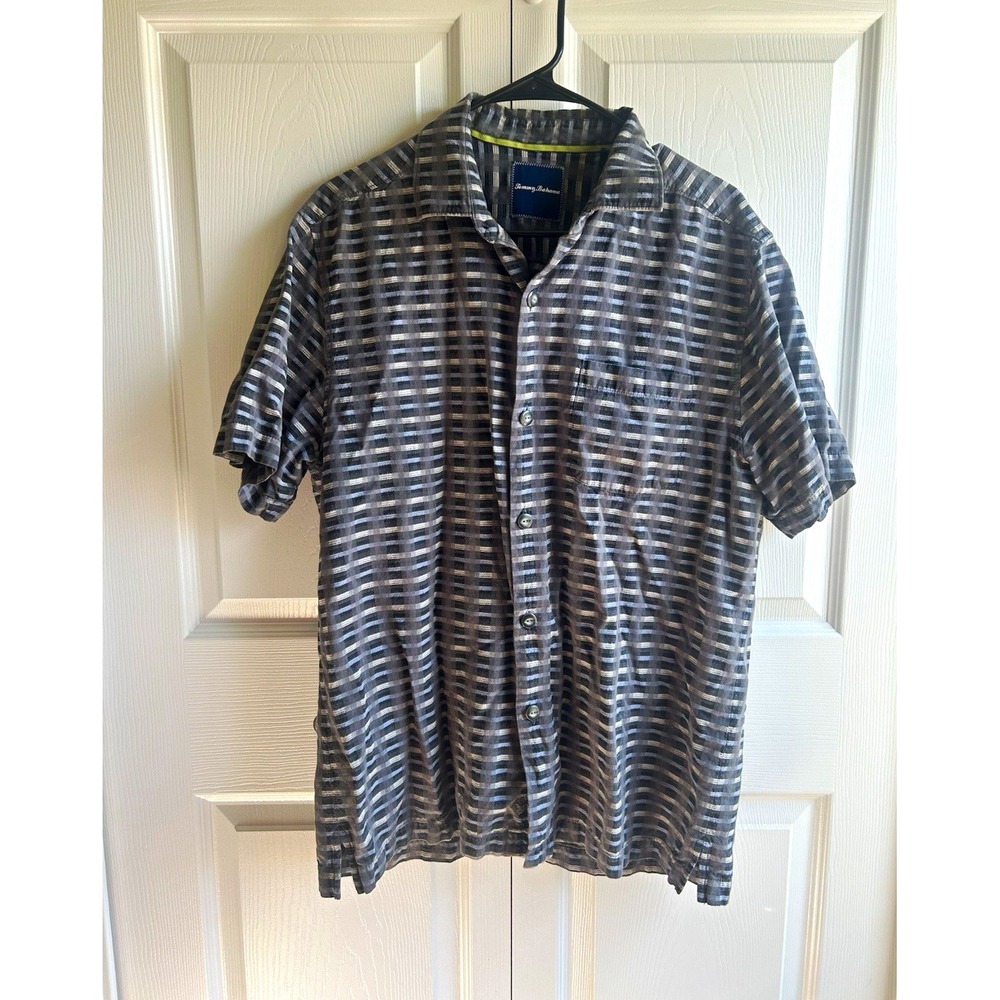 Tommy Bahama MIM Men's M Short Sleeve Plaid Gray White Silk Cotton Regular Fit